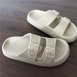 Cream Double-Buckle Slide Sandals